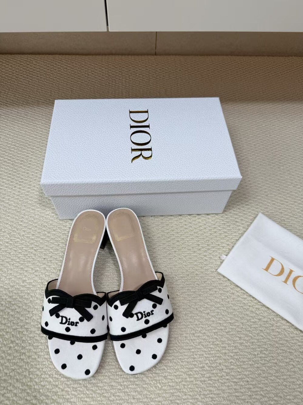 Dior White Polka Dot Open Toe Low Heel Slip On Sandals